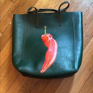 Haydee Callejas Handmade Green Leather Tote Bag with Red Pepper Design